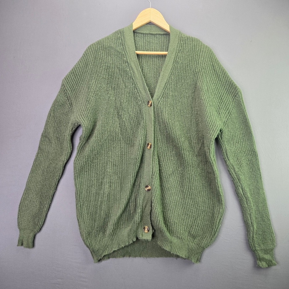 Unbranded Cardigan Sweater XL Green Ribbed Knit V-Neck Button Up Oversized Vtg
